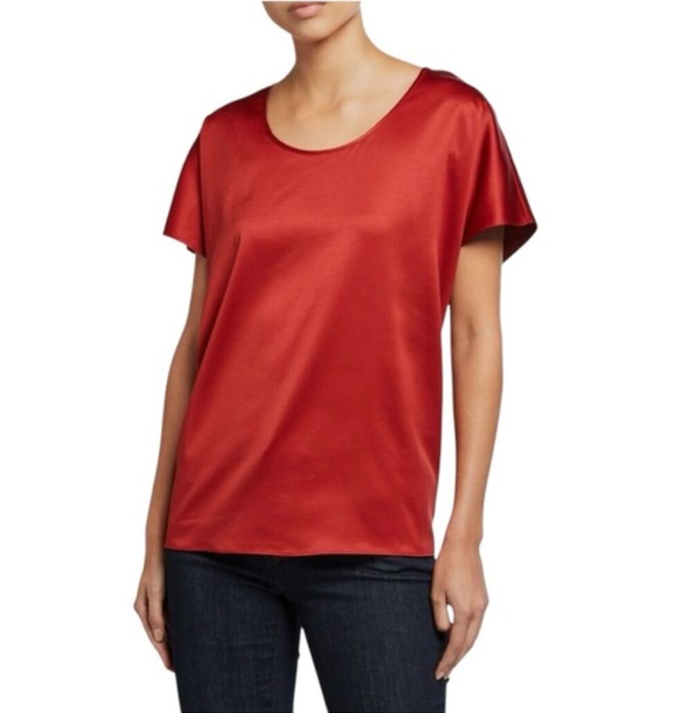 Eileen Fisher Red Satin Short Sleeve Scoop Neck Blouse Medium